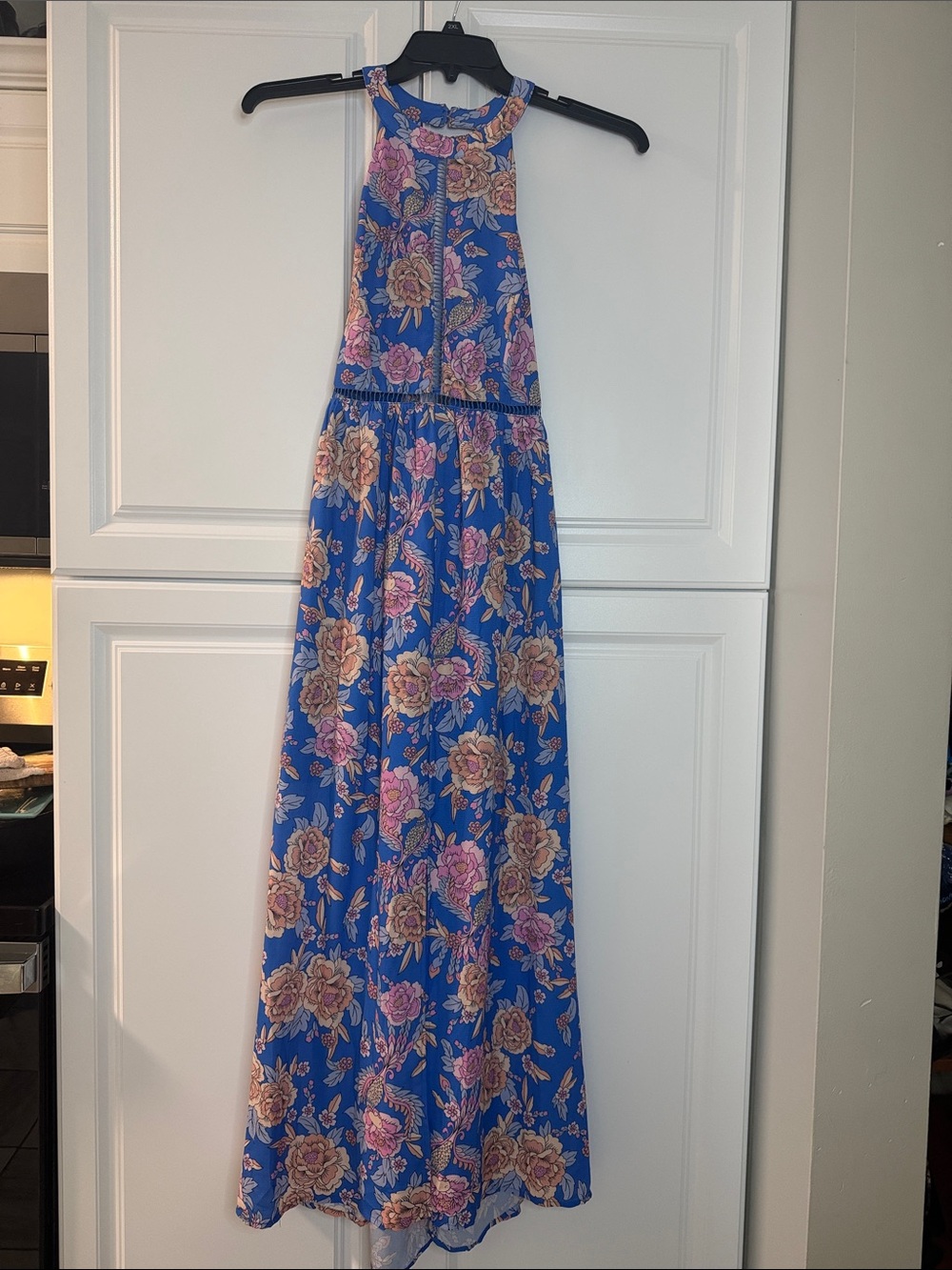 Floral Halter Maxi Dress in Bright Blue with Pink Roses
